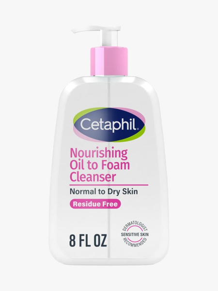 Cetaphil Nourishing Oil to Foam Cleanser in branded component on a light gray background